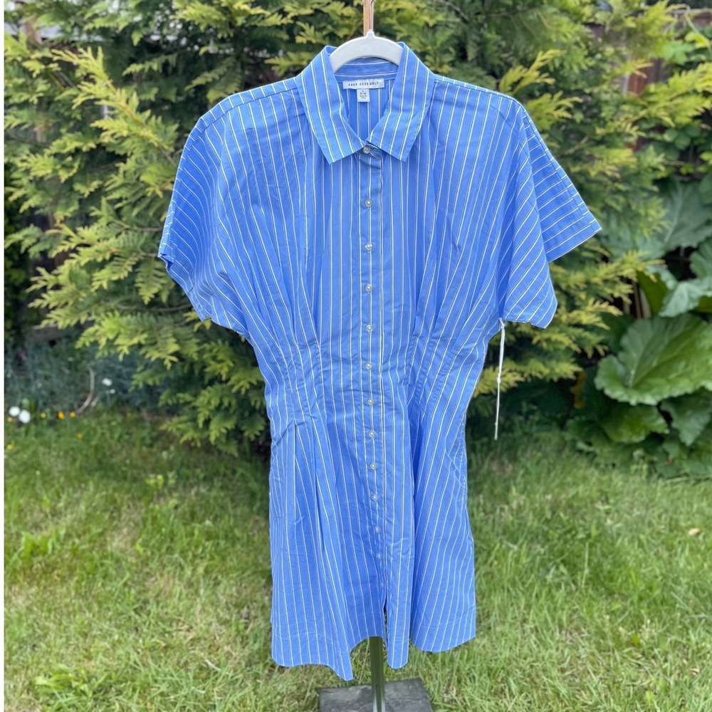 Free Assembly Blue White Striped Button Down Mini Shirt Dress Cotton Small 4-6